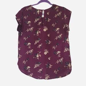 Lily White boho blouse with floral print front pocket rounded hem purple size L